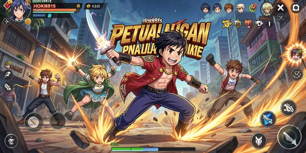 Tampilan gameplay HOKI8815 yang penuh aksi dan karakter anime yang menarik.