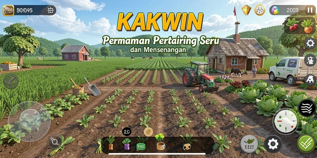 Screenshot gameplay KAKWIN yang menampilkan ladang pertanian yang indah dan produktif.
