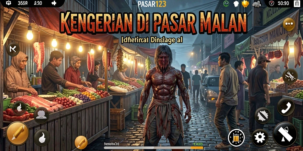Screenshot utama PASAR123 menunjukkan suasana menakutkan di pasar malam.