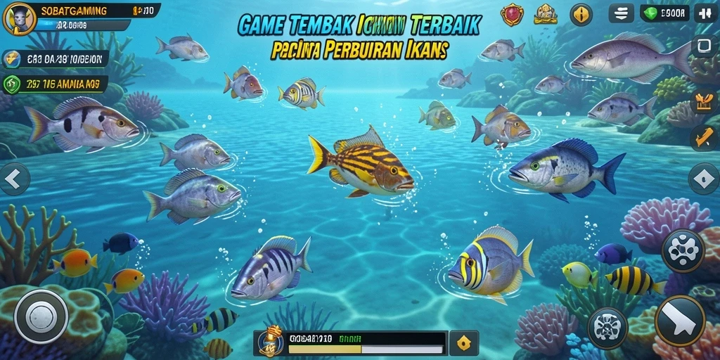 Tampilan gameplay SOBATGAMING saat menembak ikan di lautan.