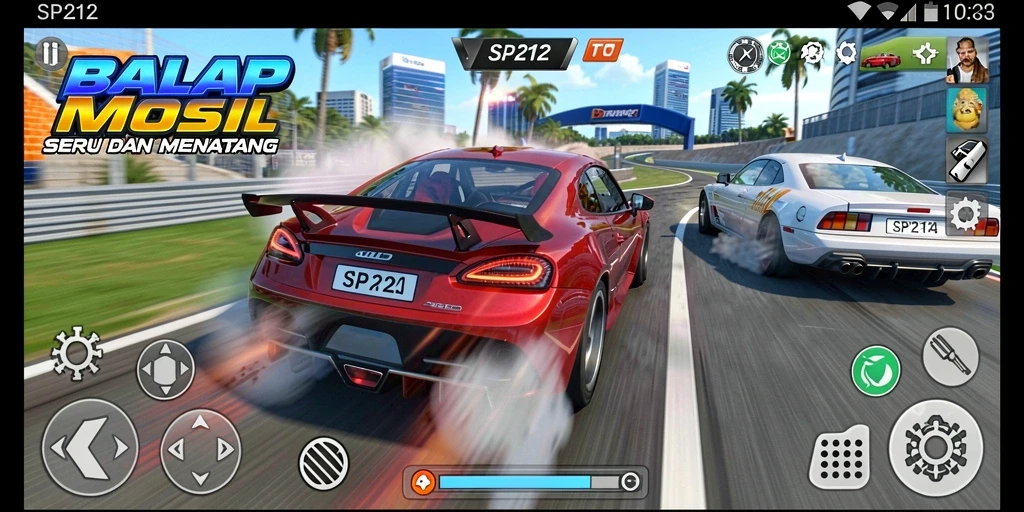 Tangkapan layar dari gameplay SP212 yang menegangkan saat balapan.