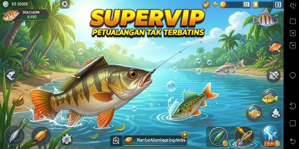 Screenshot gameplay SUPERVIP yang menampilkan pengalaman memancing yang seru.