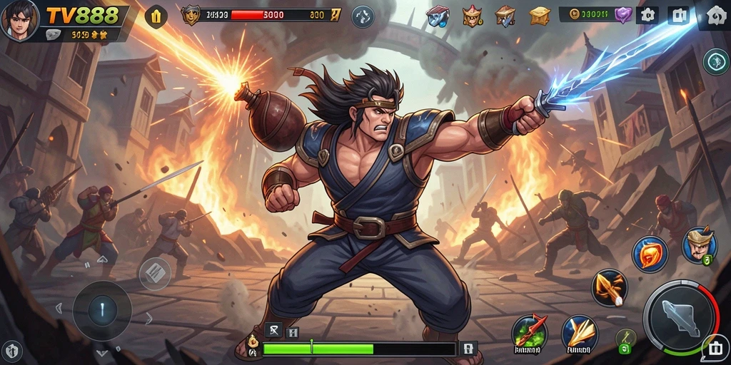 Screenshot gameplay TV888 menunjukkan aksi pertarungan yang mendebarkan.