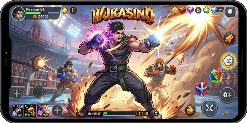 Tampilan aksi seru dalam gameplay pertarungan WJKASINO.